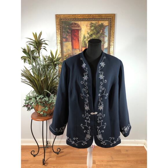 Maxie Klein Collections Women' Plus 20W Navy Blue Embroidered Long-Sleeve Blazer - Picture 1 of 9